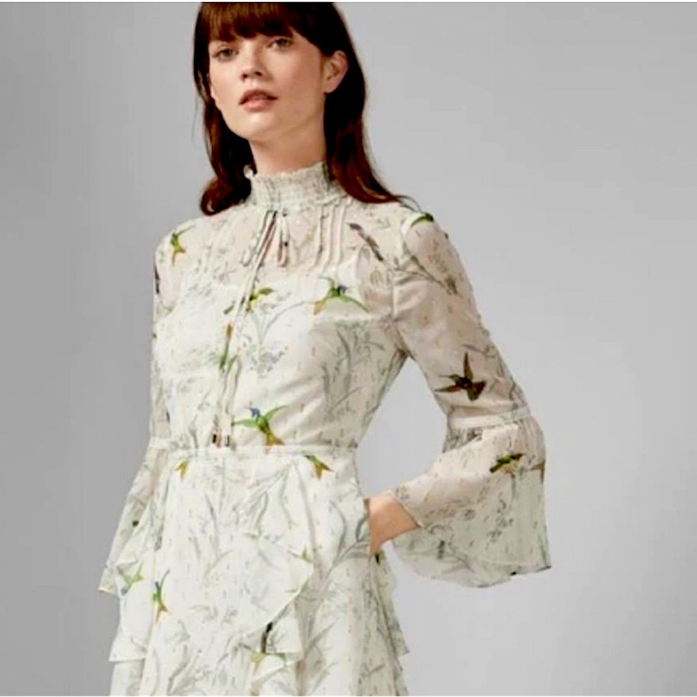 COPY - Ted Baker - White W/ Green Bird Print & Metallic Flecks Ruffled Dress